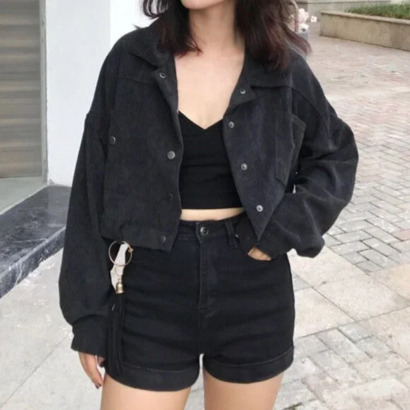 yesstyle cropped black corduroy jacket | womens jackets outerwear - Picture 1 of 3